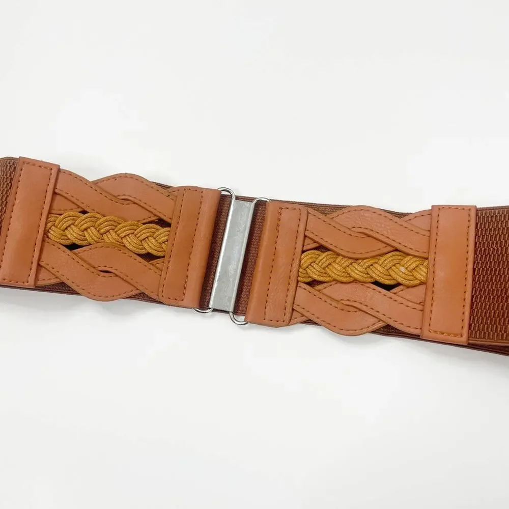 2/$30 New Elastic Wide Waist Belt Braided Camel Brown Caramel Tan